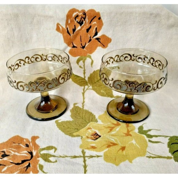 Vintage Libbey Brown Swirl 1970s Prado 2 Piece Champagne Goblets Dessert Bowls - Picture 16 of 16
